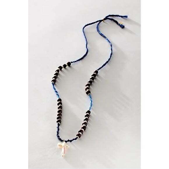Free People Ariana Ost Easy Does It Pearl Cross Strand Necklace Bohemian Beach - Picture 4 of 16